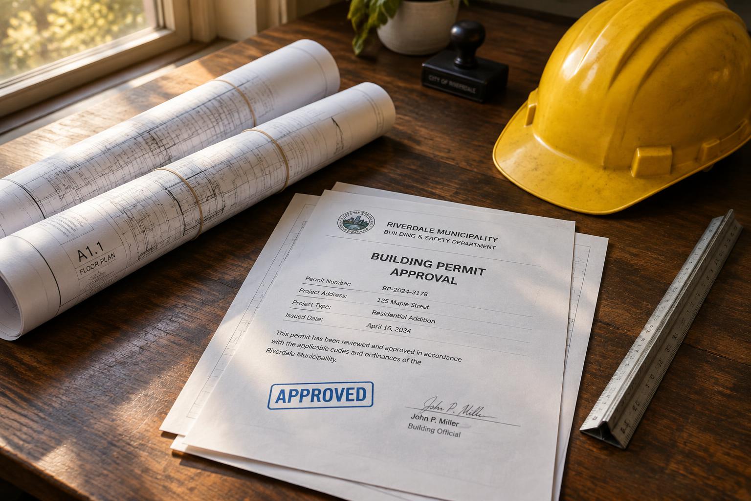Rolled drawings, stamped permit forms and a hard hat on a submission desk